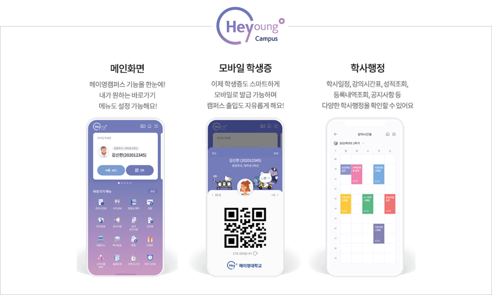 메인화면 - 헤이영캠퍼스 기능을 한눈에! 내가 원하는 바로가기 메뉴도 설정 가능해요!, 모바일 학생증 - 학생증도 모바일로 발급 가능하며 캠퍼스 출입도 자유롭게 할 수 있어요, 전자출결 - 핸드폰으로 간편하게 출석체크 가능해요, 학사행정 - 학사일정, 강의시간표, 성적조회, 등록내역조회, 공지사항 등 다양한 학사행정을 확인할 수 있어요